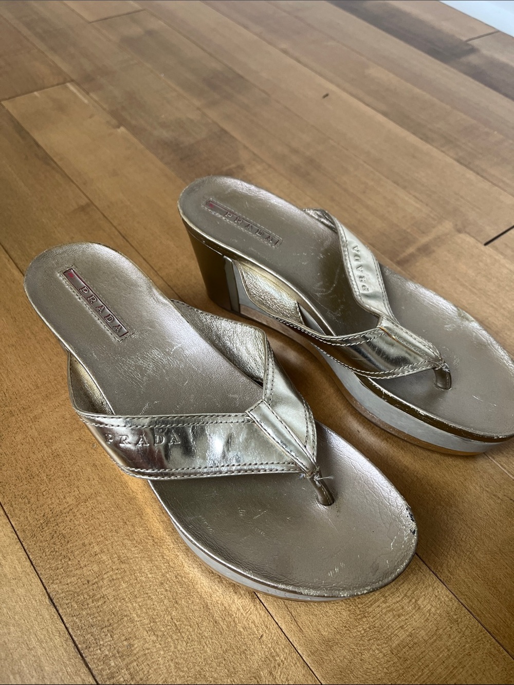 Prada Metallic Gold Wedge Thong Mules